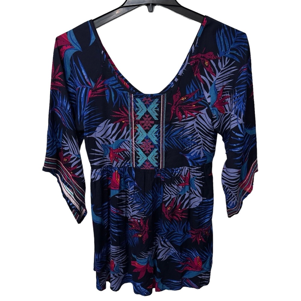 Roxy Size Small Tropical Print 3/4 Sleeve Mini Dress Atec Boho Swim Cover Up‎